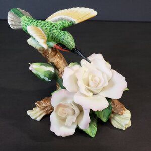Beautiful Delicate Pink Porcelain Rose with Green Hummingbird Figurine 3" White